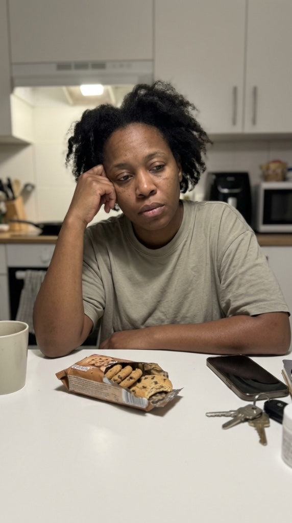 Woman sitting in kitchen exhausted by stress cravings